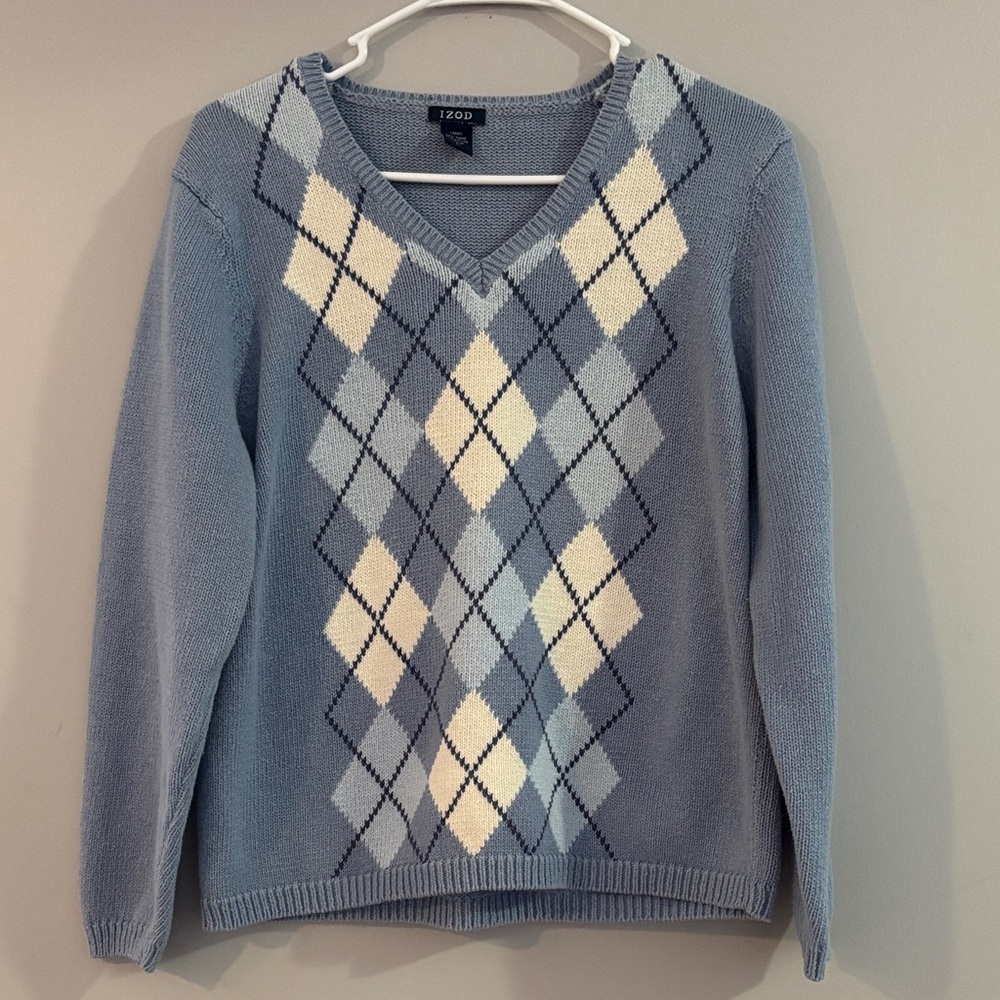 Izod Pastel Blue Argyle V-Neck Sweater with Cream & Navy Accents